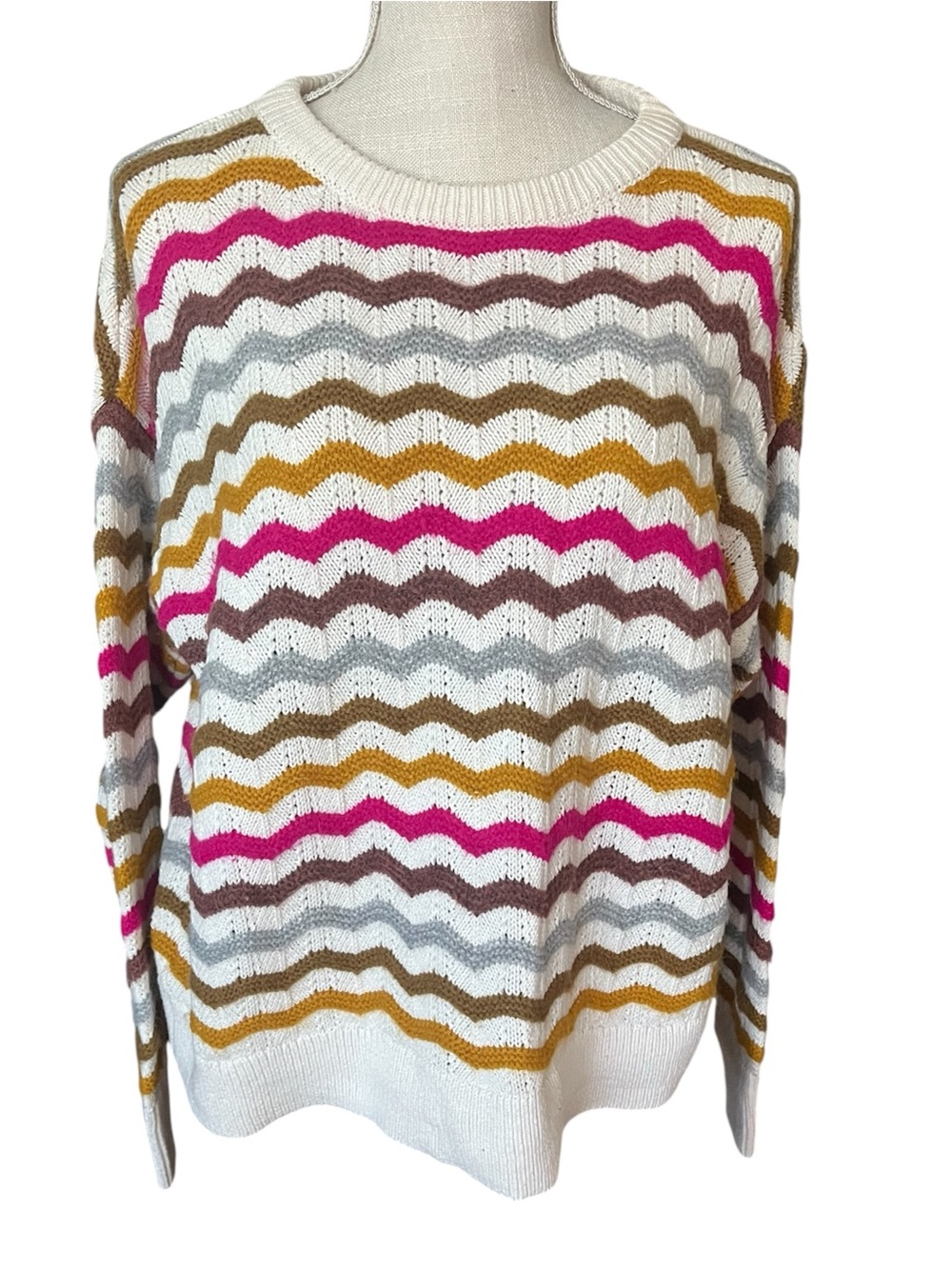 Lou & Grey for LOFT Striped Knit Sweater Multicolor Pink Mustard Boho Cozy Sz M
